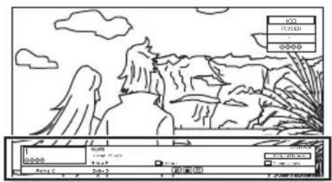 Line drawing of a landscape with mountains, clouds, and a control panel showing menu options and data fields.