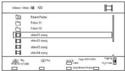 Videos\Videos\HDD Parent Folder Folder 01 Folder 02 video01.mpag video02.mpag video03.mpag video04.mpag Play RETURN Play DELETE Tags: Page 0010003 Page Up Page Down