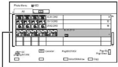 Photo Menu HDD AI 2013 03.01.2012 29.10.2012 25.02.2013 15:30:2013 Calendar Page 10X20132 Page Up Page Down OK HS-TUPN Select Sudanshow Copy