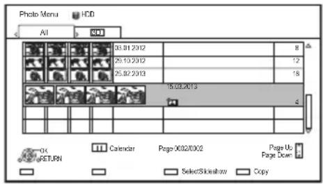 Photo Menu HDD All 03.01.2012 29.10.2012 25.02.2013 15.02.2013 4 OK RETURN Calendar Page 06/02/00/02 Page Up Page Down Select/Skiseshow Copy