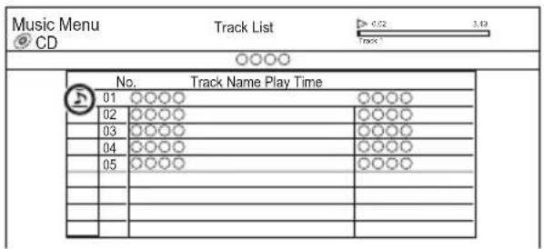 Music Menu CD Track List Track Time No. Track Name Play Time 01 ○○○○ ○○○○ 02 ○○○○ ○○○○○ 03 ○○○○ ○○○○○ 04 ○○○○ ○○○○○ 05 ○○○○ ○○○○○ 01 ○○○○ ○○○○○ 02 ○○○○ ○○○○○ 03 ○○○○ ○○○○○ 04 ○○○○ ○○○○○ 05 ○○○○ ○○○○○ 01 ○○○○ ○○○○○ 02 ○○○○ ○○○○○ 03 ○○○○ ○○○○○ 04 ○○○○ ○○○○○