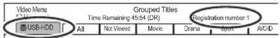 Video Menu USB-HDD Grouped Titles Time Remaining 45:54 (DR) Registration number 1 All Not Viewed Movie Drama Sport AVCD