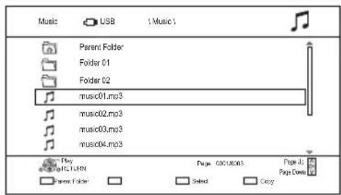 Music USB Music1 Parent Folder Folder 01 Folder 02 music01.mp3 music02.mp3 music03.mp3 music04.mp3 Play and FILED Page 0018003 Page 16 Page Down Parent Folder Selected Copy