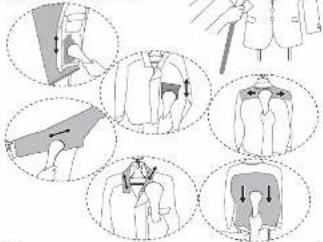 Medical illustration showing six steps of a human shoulder joint technique with directional arrows indicating movement.