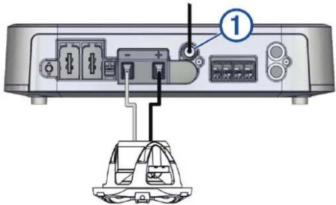 Diagram of a device rear panel with labeled ports and a numbered component, showing internal components and a mechanical assembly below.