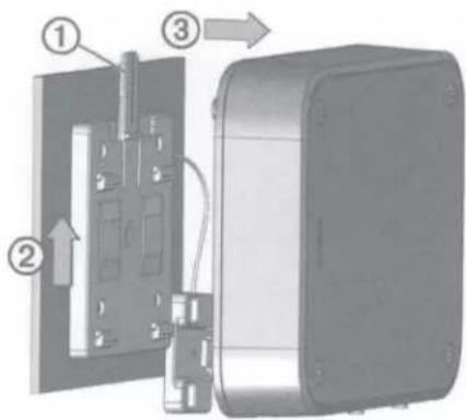 Diagram showing three labeled components of a device with directional arrows indicating movement or assembly.