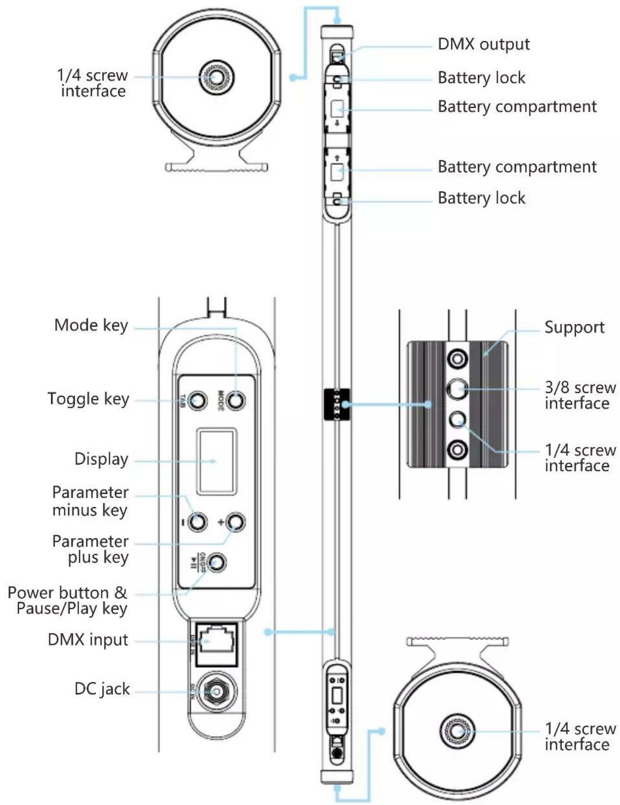 1/4 screw interface Mode key Toggle key Display Parameter minus key Parameter plus key Power button & Pause/Play key DMX input DC jack DMX output Battery lock Battery compartment Battery compartment Battery lock Support 3/8 screw interface 1/4 screw interface 1/4 screw interface