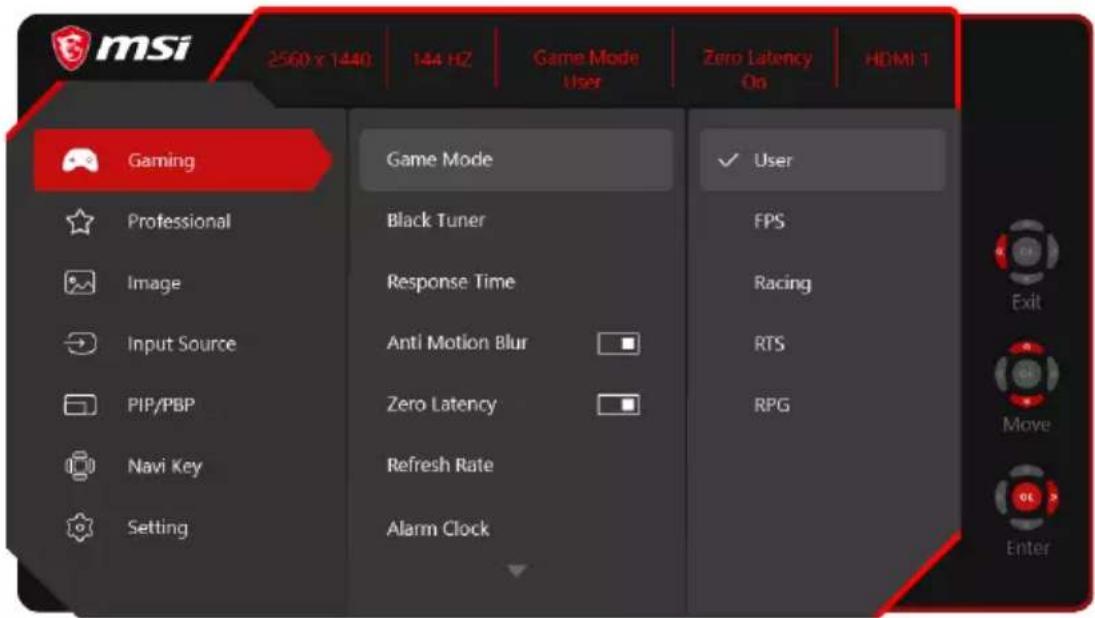 msi 2560 x 1440 144 Hz Game Mode User Zero Latency On HDMI 1 Gaming Game Mode User Professional Black Tuner FPS Image Response Time Racing Input Source Anti Motion Blur RTS PIP/PBP Zero Latency RPG Navi Key Refresh Rate Setting Alarm Clock Enter