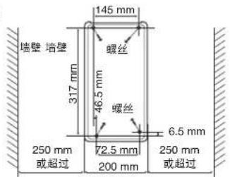墙壁 墙壁 317 mm 145 mm 螺丝 46.5 mm 螺丝 250 mm 或超过 72.5 mm 200 mm 6.5 mm 250 mm 或超过