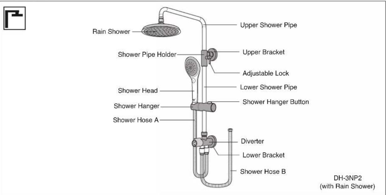 Rain Shower Shower Pipe Holder Shower Head Shower Hanger Shower Hose A Upper Shower Pipe Upper Bracket Adjustable Lock Lower Shower Pipe Shower Hanger Button Diverter Lower Bracket Shower Hose B DH-3NP2 (with Rain Shower)