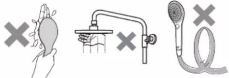 Medical illustration showing three different hygiene and hygiene interventions: a hand holding a heart-shaped object, a hand washing a drain with a valve, and a showerhead with a tube.
