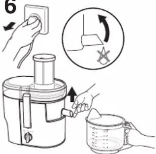 Illustration showing a hand washing a juice maker with a magnified view indicating the process.