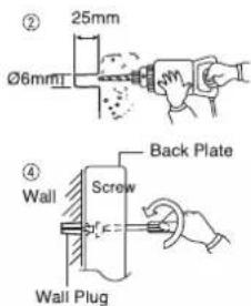 ② 25mm Ø6mm ④ Wall Screw Back Plate Wall Plug
