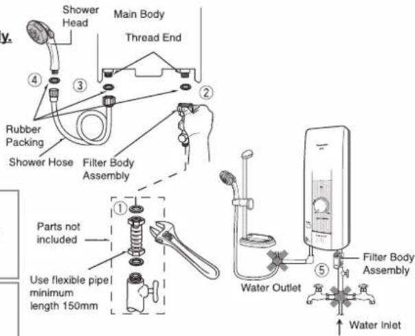 Shower Head Main Body Thread End Rubber Packing Shower Hose Filter Body Assembly Parts not included Use flexible pipe minimum length 150mm Water Outlet Filter Body Assembly Water Inlet