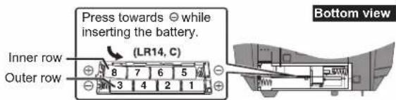 Press towards ⊖ while inserting the battery. (LR14, C) Inner row Outer row 8 7 6 5 3 4 2 1 Bottom view