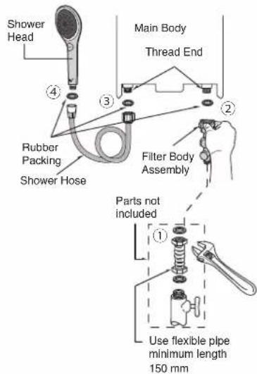 Shower Head Main Body Thread End Rubber Packing Shower Hose Filter Body Assembly Parts not included Use flexible pipe minimum length 150 mm