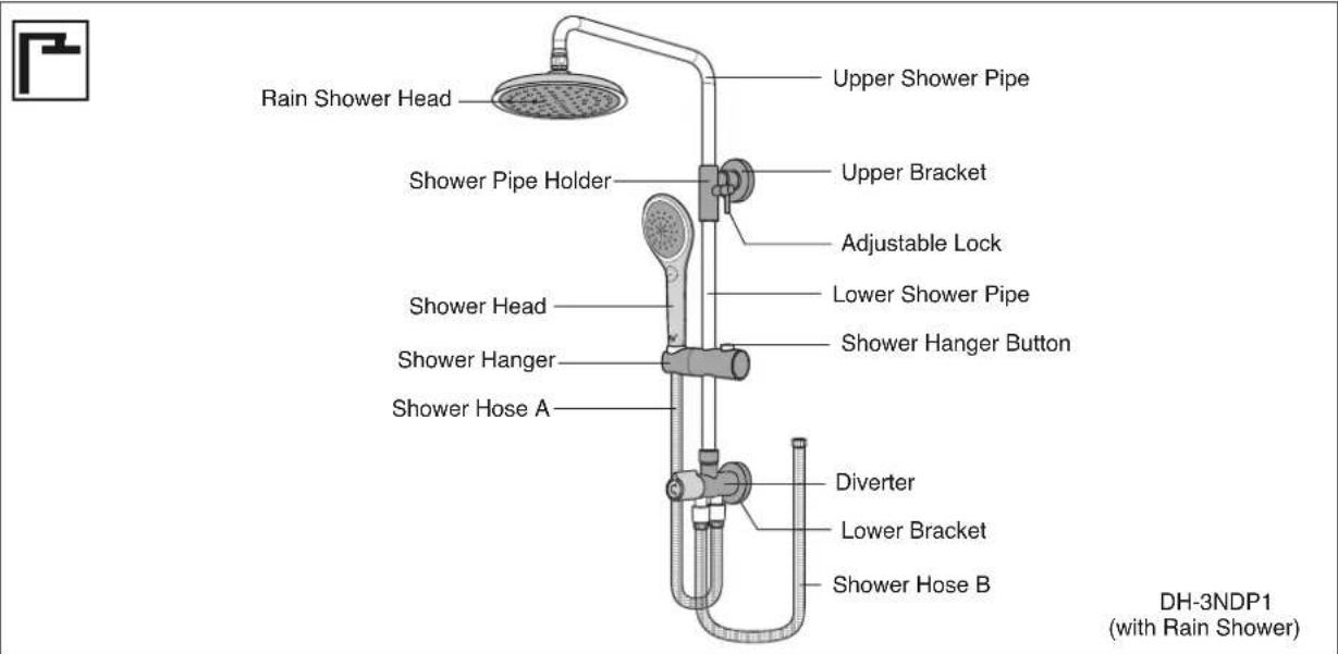 Rain Shower Head Upper Shower Pipe Shower Pipe Holder Upper Bracket Adjustable Lock Shower Head Lower Shower Pipe Shower Hanger Button Shower Hose A Diverter Lower Bracket Shower Hose B DH-3NDP1 (with Rain Shower)