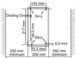 145 mm Dinding Dinding Skru 317 mm 46.5 mm Skru 6.5 mm 250 mm minimum 72.5 mm 200 mm 250 mm minimum