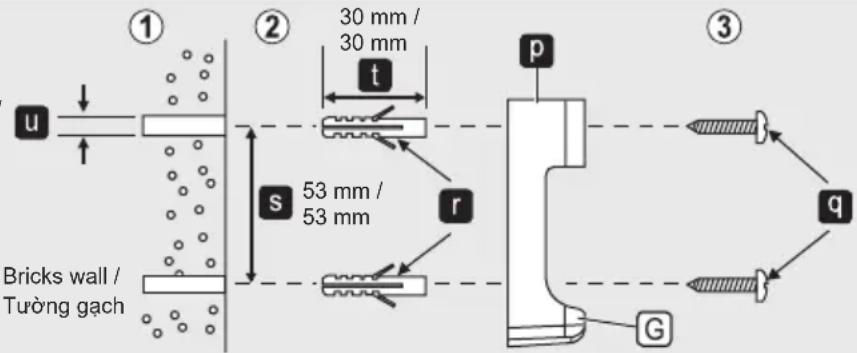 ① u Bricks wall / Tường gạch ② 30 mm / 30 mm t s 53 mm / 53 mm r p ③ q G