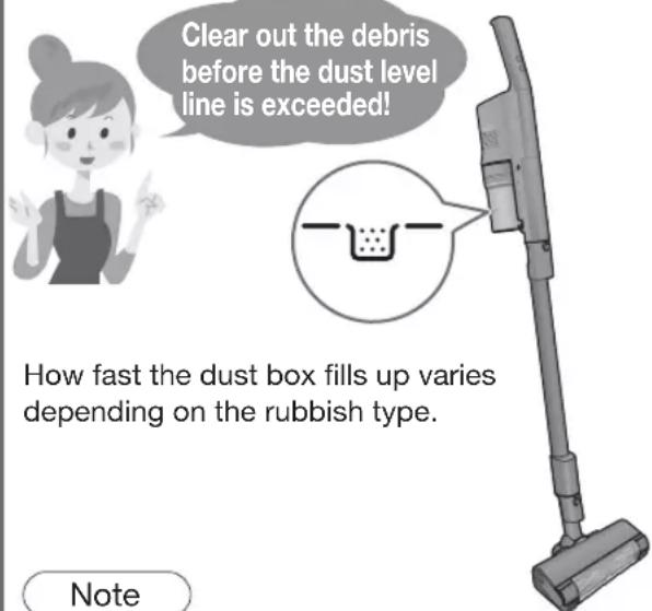 Clear out the debris before the dust level line is exceeded! How fast the dust box fills up varies depending on the rubbish type. Note