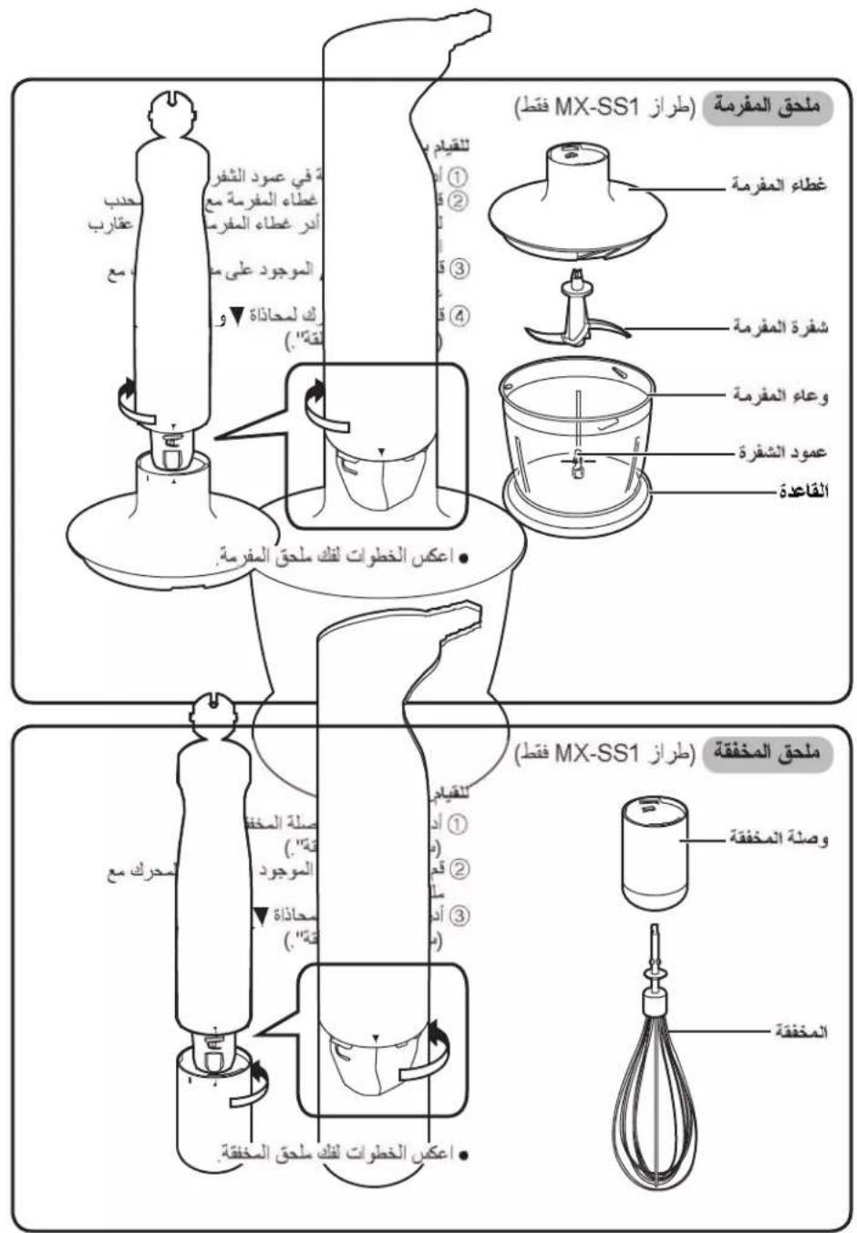 ملحق المفرمة (طراز MX-SS1) غطاء المفرمة شفرة المفرمة وعاء المفرمة عمود الشفرة القاعدة ملحق المخفقة (طراز MX-SS1) لقييم ① ② ③ ④ عقارب في عمود الشفر غطاء المفرمة مع أدر غطاء المفرمة الموجود على م# و لك لمحادلة▼ (١) اعكس الخطوات للك ملحق المفرمة. محرك مع صيلة المخفقة (١) الموجود م Liberiaة (١) اعكس الخطوات للك ملحق المخفقة وCUA وصئة المخفقة المخفقة