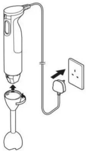 Diagram showing a hairdryer with a plug inserted into a container and connected to an electrical outlet, illustrating the process of hair spraying.