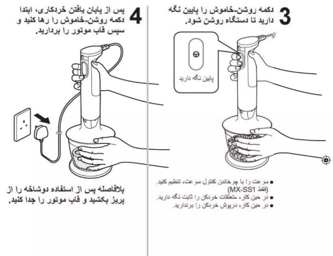 4 پس از پایان یافتتن خردکاری، ابتدادکمه روشن-خاموش را رها کنید وسپس قاب موتور را بردارید. 5 3 دکمه روشن-خاموش را پایین نگهدارید تا دستگاه روشن شود. پایین نگه دارید پلافاصله پس از استفاده دوشاخه را ازپریز بکشید و قاب موتور را جدا کنید. • سرعت را با چرخاند ن کترل سرعت، تظیم کنید. (MX-SS1) (قط) • در حین کار، متعلقات خریکن را ثابت نگه دارید. • در حین کار، درپوش خردکن را بردارید.
