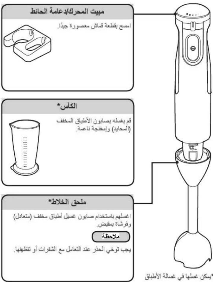 مبيت المحرك/دعامة الحانط اسسب بقطعة قماث مصورة جيدا. الكأس قم بغىلە بصابون الأطباق المشف (المحادد) واسفجة ناعمة. * ملحق الخライト إغىلەم باستخدام صابون غسيل أطباق مشف (متعادل) وفرشناة بقبض. ملاحظة يجب توحيى الحذر عند التعامل مع الشقرات أو تنظيفها. * يكن عملها في عمالة الأطباق