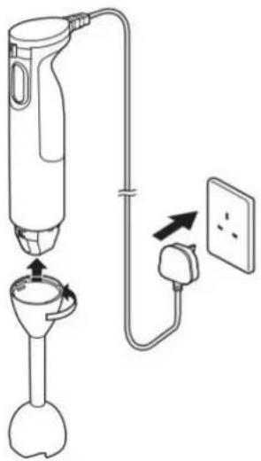 Diagram showing a hairdryer connected to a wall-mounted power outlet, with labeled components and directional arrows indicating flow or movement.
