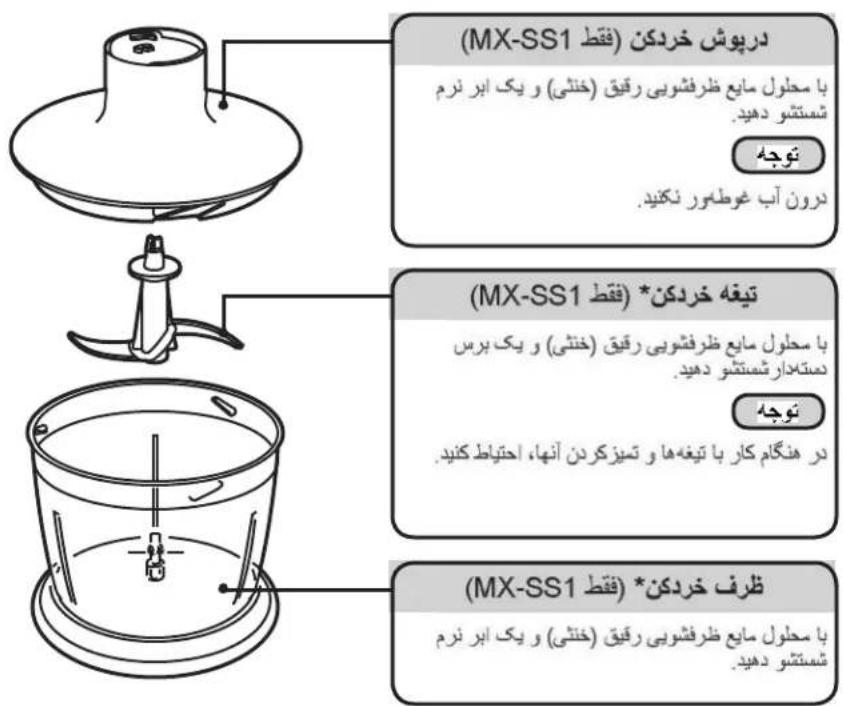 (MX-SS1 (مُفْطَ) درپوش خردکن (مُفْطَ) با محول مابع ظرفشوبی رقیق (خنگی) و یک ابر نرم شستنّو دهید. توجه درون آب غوطور نکنید. (MX-SS1 (مُفْطَ) تيغه خردکن * (مُفْطَ) با محول مابع ظرفشوبی رقیق (خنگی) و یک برس دستدار ظستنّو دهید. توجه در هنگام کار با تيغهها و تمیزکردن آنها، اعتياط کنید. (MX-SS1 (مُفْطَ) ظرف خردکن * (مُفْطَ) با محول مابع ظرفشوبی رقیق (خنگی) و یک ابر نرم شستنّو دهید.