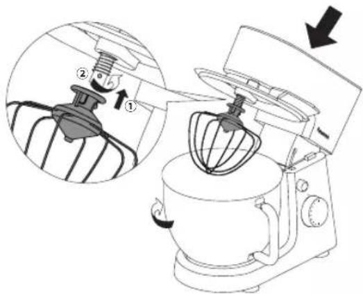 Diagram of a kitchen mixer with labeled parts and an inset showing the component being inserted into the fan.