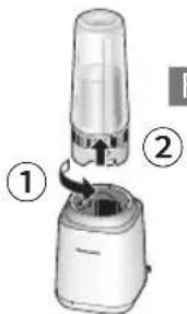 Diagram showing a blender with labeled parts and an arrow indicating rotation direction
