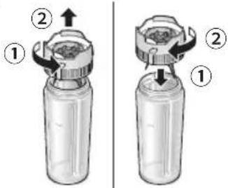 Diagram showing two-step assembly of a device with labeled parts and directional arrows indicating movement.