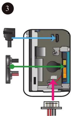 Diagram of a device rear panel with labeled components and directional arrows indicating movement or flow.