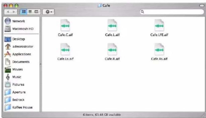 Cafe Network Macintosh HD Desktop administrator Applications Documents Movies Music Pictures Aperture Bedrock Koffee House Cafe.C.aif Cafe.Laif Cafe.LFE.aif Cafe.Ls.aif Cafe.R.aif Cafe.Rs.aif 6 items, 63.48 GB available