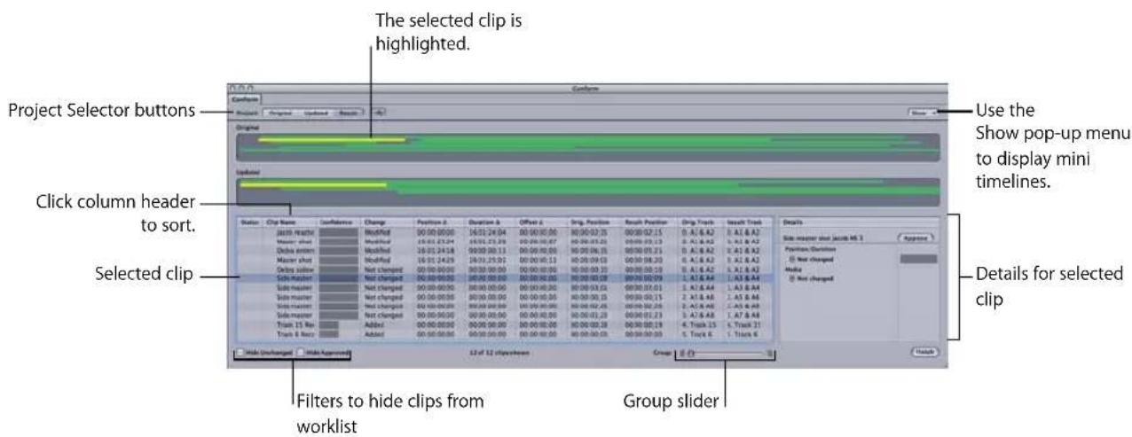 The selected clip is highlighted. Project Selector buttons Click column header to sort. Selected clip Filters to hide clips from worklist Group slider Use the Show pop-up menu to display mini timelines. Details for selected clip