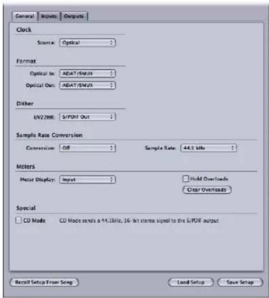 General Inputs Outputs Clock Source: Optical Format Optical In: ADAT/SNUX Optical Out: ADAT/SNUX Dither UV22NR: S/PDF Out Sample Rate Conversion Conversion: OFF Sample Rate: 44.3 MHz Meters Meter Display: Input Hold Overloads Clear Overloads Special CD Mode CD Mode sends a 44.3kHz, 16-bit stereo signal to the S/PDF output Recall Setup From Song Load Setup Save Setup