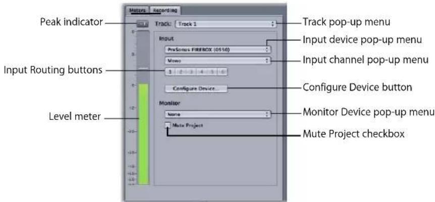 Peak indicator Track: Track 1 Input PreSense FILEBOX (0556) Mono 1 2 3 4 5 6 Input Routing buttons Configure Device button Level meter Monitor Mono Monitor Device pop-up menu Mute Project Mute Project checkbox Track pop-up menu Input device pop-up menu Input channel pop-up menu