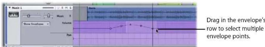 Music 1 Music 2 Volume Pan Drag in the envelope's row to select multiple envelope points.