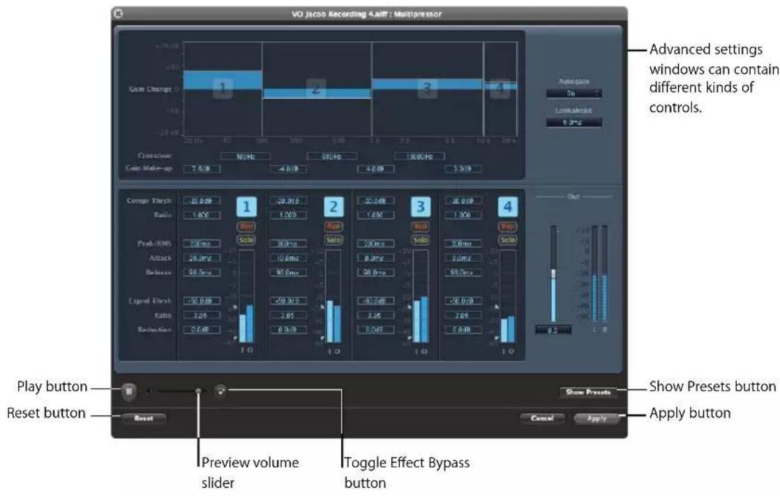 VO Jacob Recording 4.aff : Multipressor Gam Change 1 2 3 4 Autopain 5% LoadShares 0.3Hz Cross-Clip 10kHz 98kHz 100kHz 7.5dB 4.0dB 4.0dB 3.5dB Compr Flash 22.0Hz 1 10.0Hz 2 22.5dB 3 46.0Hz 4 Ratio 1.0Hz 1.2Hz 1.6Hz 1.7Hz 1.8Hz Peak RMS 20ms 50ms 10ms 20ms 50ms 30ms 30ms Attack 20ms 10.6ms 0.4ms 0.6ms Release 98.7ms 98.6ms 50.6ms 50.6ms Legend Flash -50.0Hz -50.0Hz -50.0Hz -50.0Hz Ratio 3.2Hz 3.9Z 3.9Z 3.9Z Backset Gain 0.4dB 1.0 1.0 1.0 1.0 Play button Reset button Preview volume slider Toggle Effect Bypass button Show Presets Apply button Show Presets button
