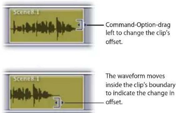 Scene8.1 Command-Option-drag left to change the clip's offset. Scene8.1 The waveform moves inside the clip's boundary to indicate the change in offset.
