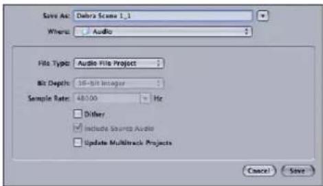 Save As: Debris Scene 1_1 Where: Audio File Type: Audio File Project Bit Depth: 36-bit Integer Sample Rate: 48.00 Hz □ Other □ Include Source Audio □ Update Multitrack Projects Cancel Save