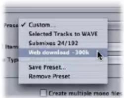 Custom... Selected Tracks to WAVE Submixes 24/192 Web download ~300k Save Preset... Remove Preset