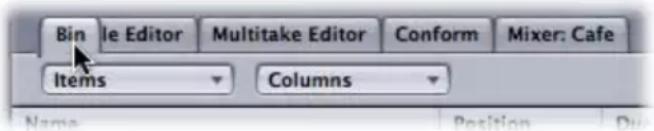 Bin Edit Editor Multitake Editor Conform Mixer: Cafe Items Columns Name: Position Dul
