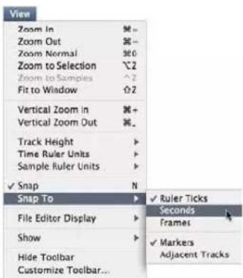 View Zoom In Zoom Out Zoom Normal Zoom to Selection Zoom to Samples Fit to Window Vertical Zoom in Vertical Zoom Out Track Height Time Ruler Units Sample Ruler Units ✓ Snap Snap To File Editor Display Show Hide Toolbar Customize Toolbar... ✓ Ruler Ticks Seconds Frames ✓ Markers Adjacent Tracks