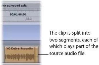 with surround cafe 00:01:00:00 33.1 The clip is split into two segments, each of which plays part of the source audio file. VO Debra Recordin