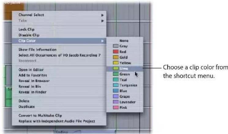 Channel Select Take Lock Clip Disable Clip Clip Color Show File Information Select All Occurrences of VO Jacob Recording 7 Reconnect Open in Editor Add to Favorites Reveal in Browser Reveal in Bin Reveal in Finder Delete Duplicate Convert to Multitake Clip Replace with Independent Audio File Project None Gray Red Gold Yellow Lime Green Teal Turquoise Blue Grape Lavender Pink Choose a clip color from the shortcut menu.