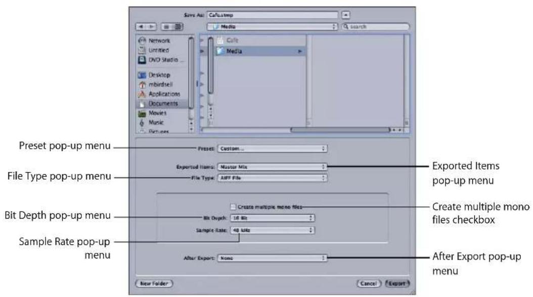 Save As: CaFulamp Media Search Network Unmired DVD Studio Desktop mbirdsell Applications Documents Movies Music Pictures Preset pop-up menu File Type pop-up menu Bit Depth pop-up menu Sample Rate pop-up menu Preset: Custom... Exported Items: Master Mix File Type: AIFF File Exported Items pop-up menu Create multiple mono files checkbox Bit Depth: 16 Bits Sample Rate: 40 MHz After Export: None After Export pop-up menu New Folder Cancel Export