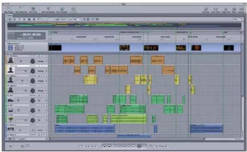 Screenshot of a video editing software interface showing timeline, layers, and track controls with multiple tracks and clips.