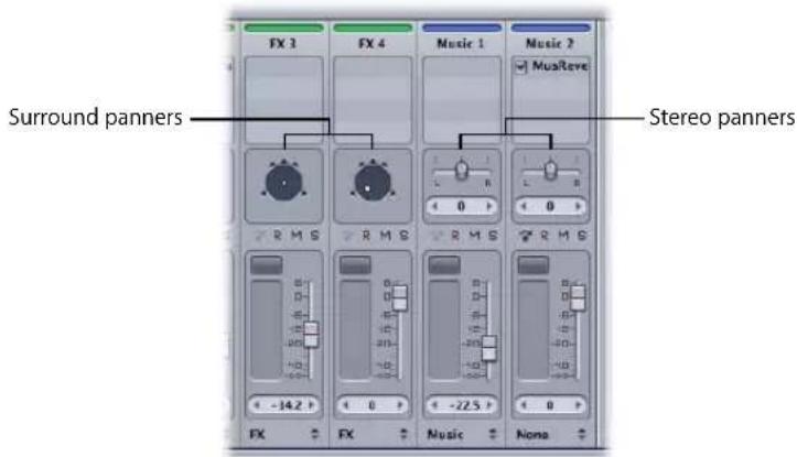 FX 3 FX 4 Music 1 Music 2 MusReve Surround panners Stereo panners R M S R M S R M S R M S -34.2 P -22.5 P FX FX Music None